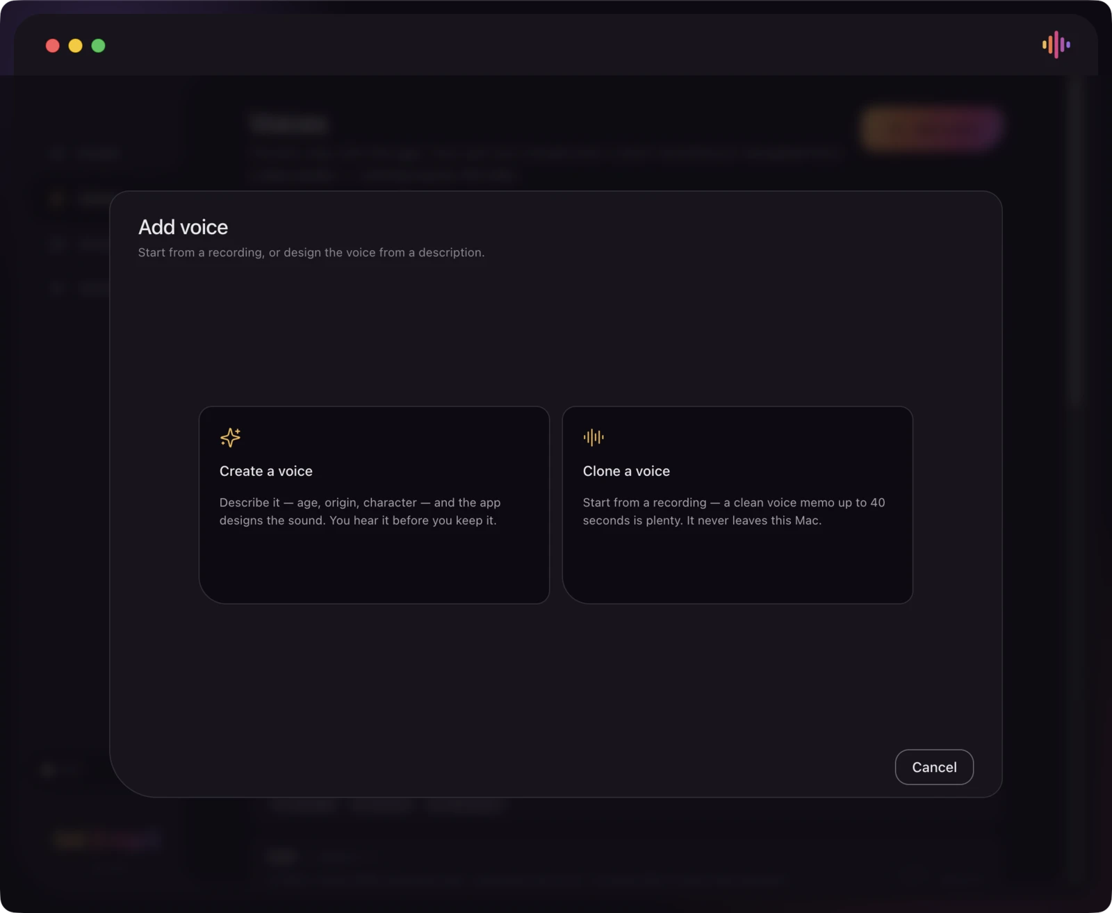 The Add voice dialog offering Create a voice from a description or Clone a voice from a recording.