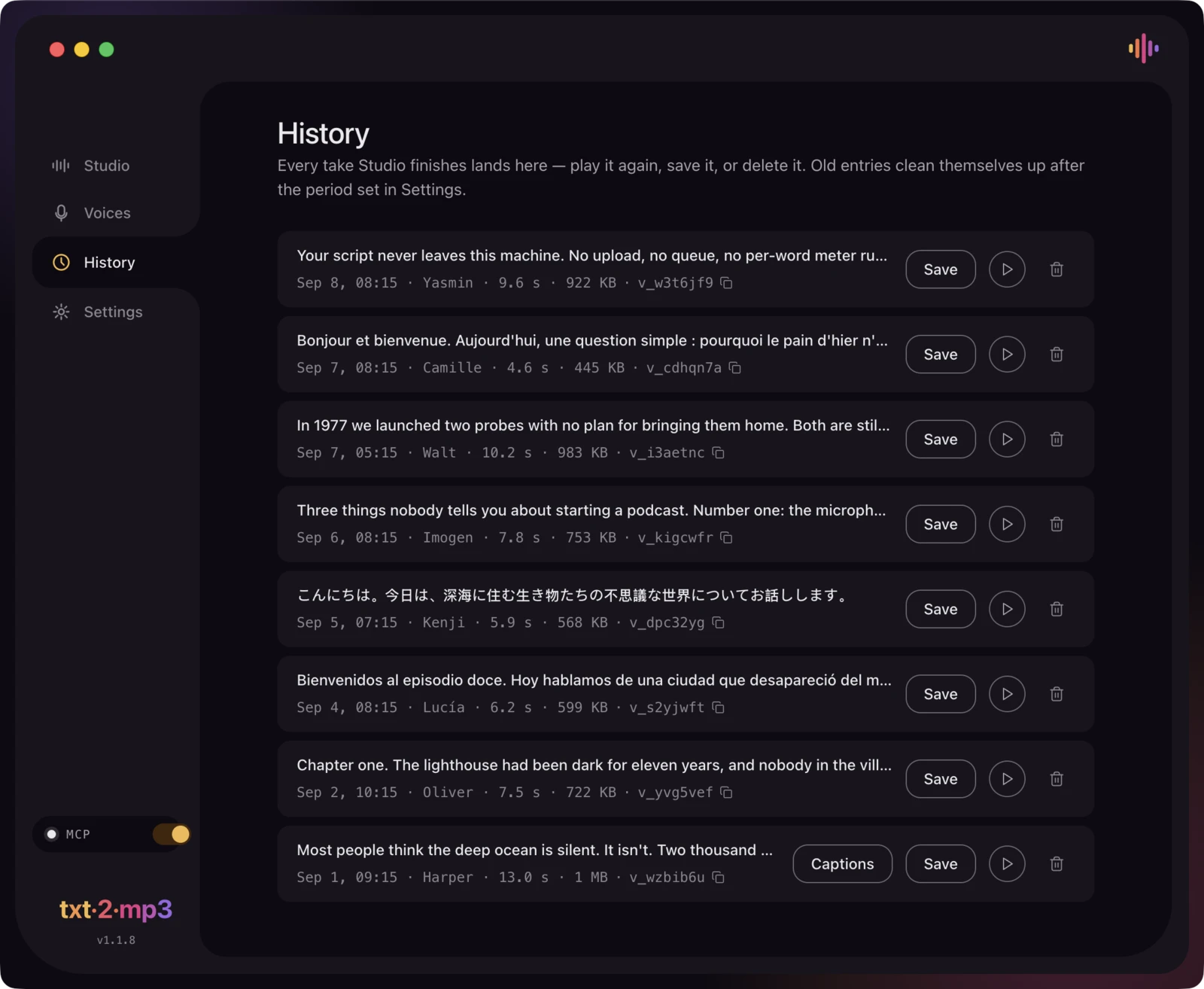 The History screen listing takes in five languages with their voice, duration and file size.