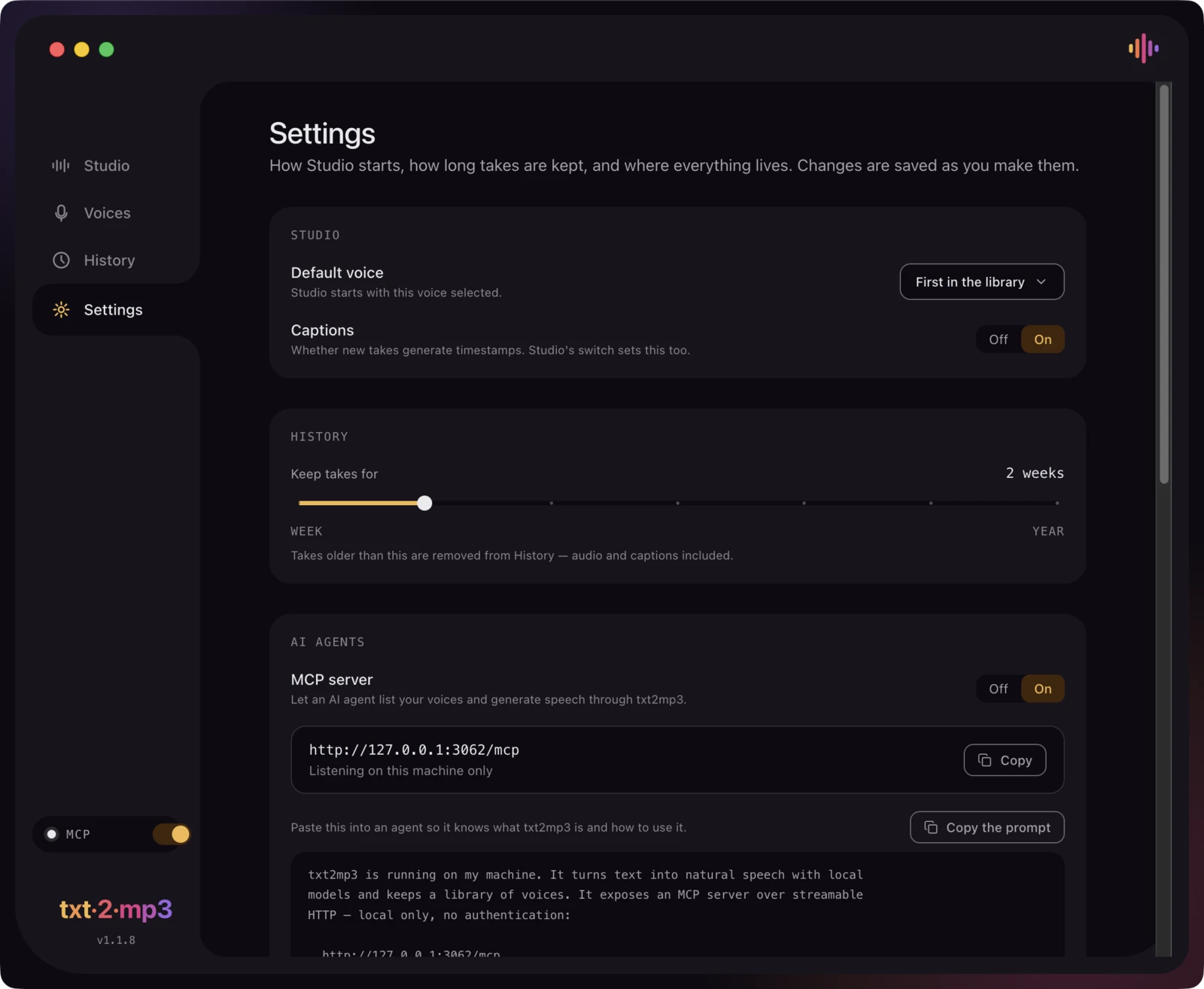 The Settings screen showing the default voice, the history retention slider and the MCP server endpoint.