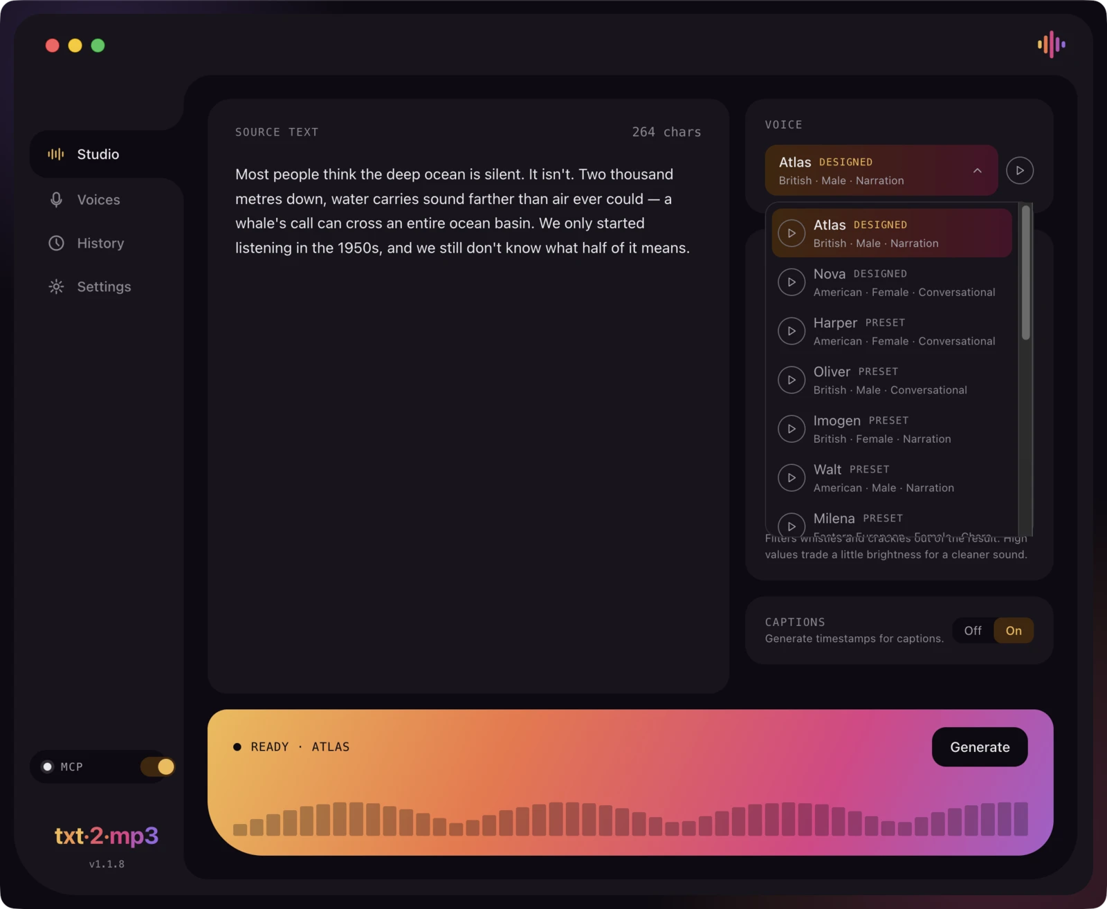 The Studio voice picker open, listing designed and preset voices with a play button on each.