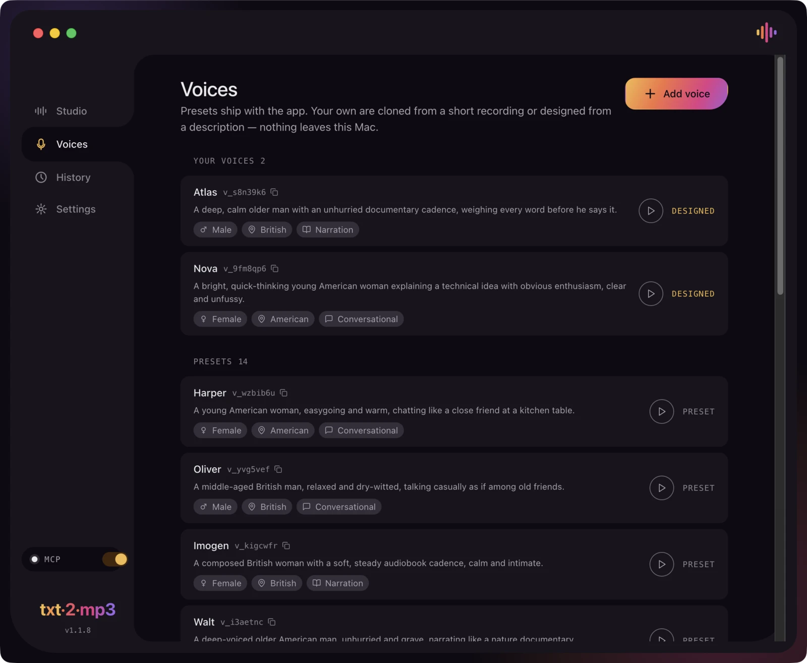 The Voices screen showing two designed voices above the fourteen bundled presets.
