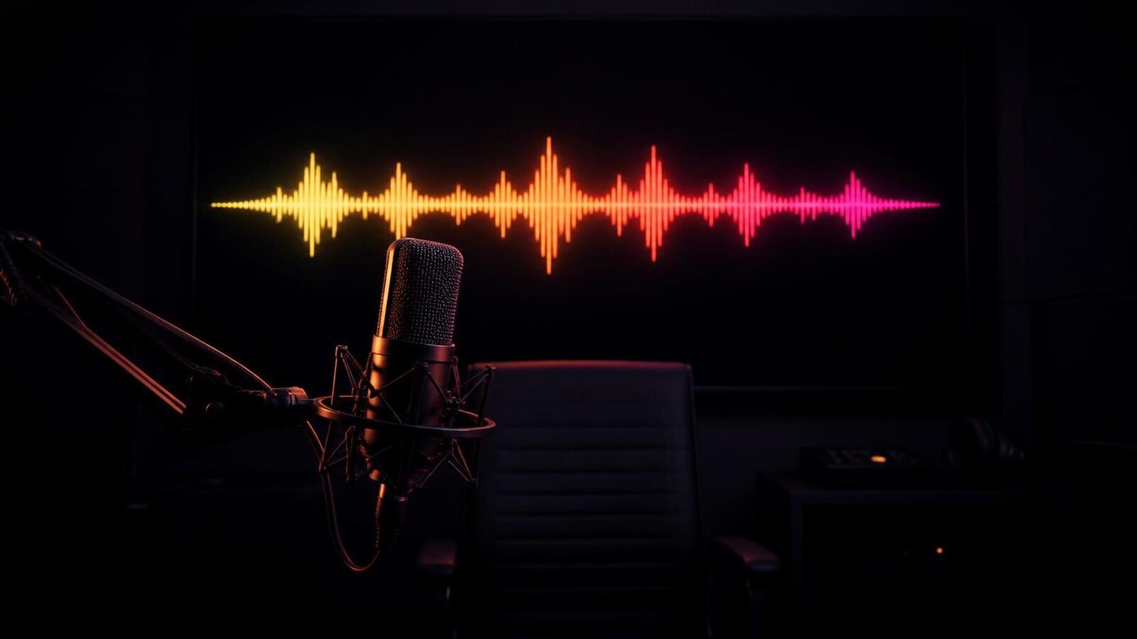 A condenser microphone and an empty chair in a dark studio, lit only by an amber-to-magenta waveform on the screen behind them.