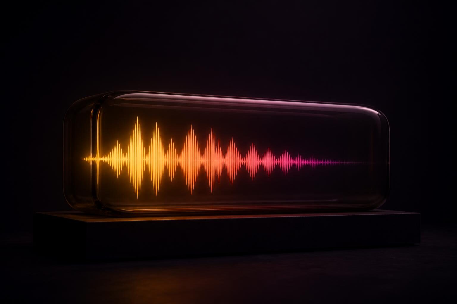 A glowing amber-to-magenta waveform sealed inside a smoked-glass box on a dark plinth, its far end fading out.