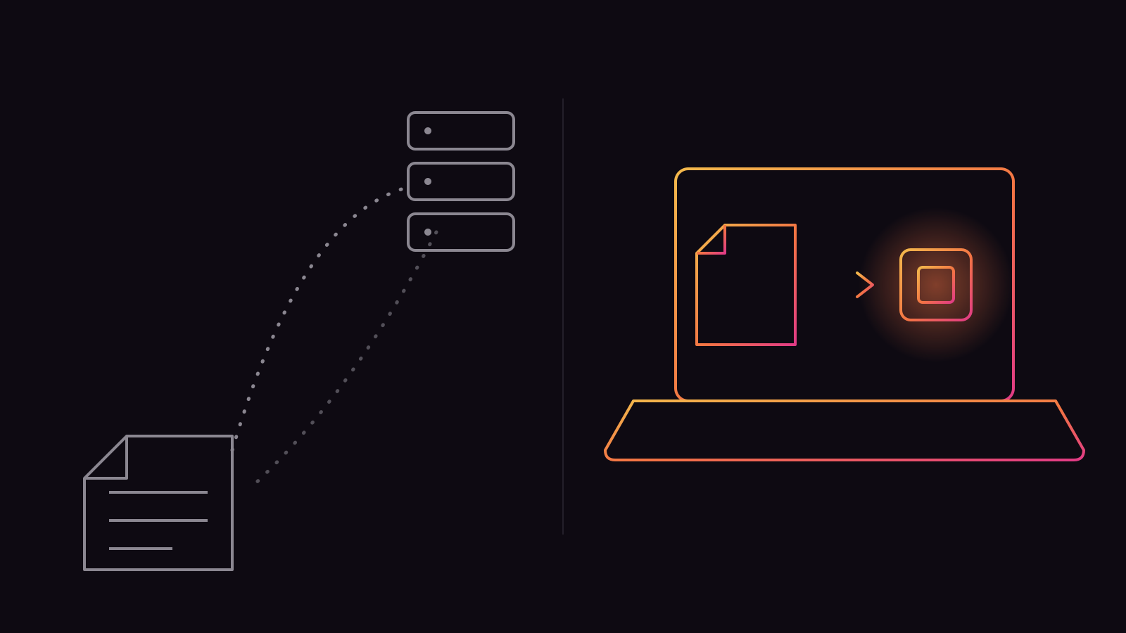 Two paths for a script. On the left, a grey document travels over a dotted network arc to a server rack and back. On the right, an ember-coloured document stays inside a laptop, moving only to a chip beside it.
